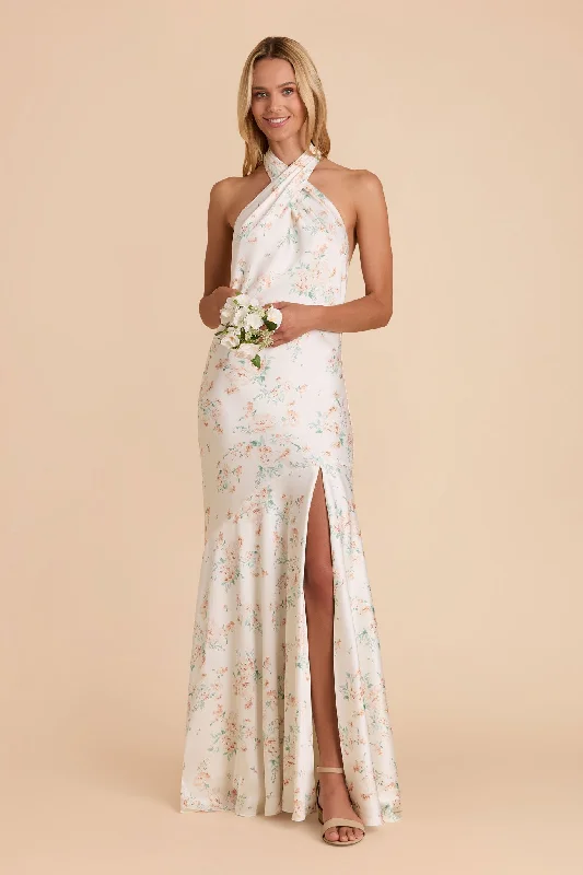 Stephanie Matte Satin Dress - Apricot Whimsical Blooms