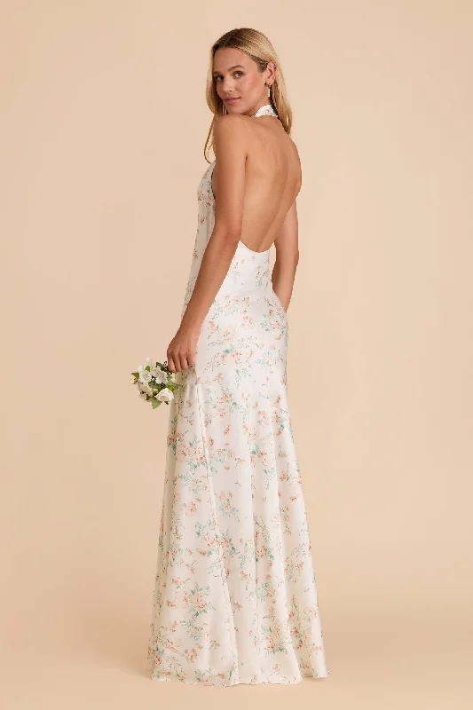 Stephanie Matte Satin Dress - Apricot Whimsical Blooms