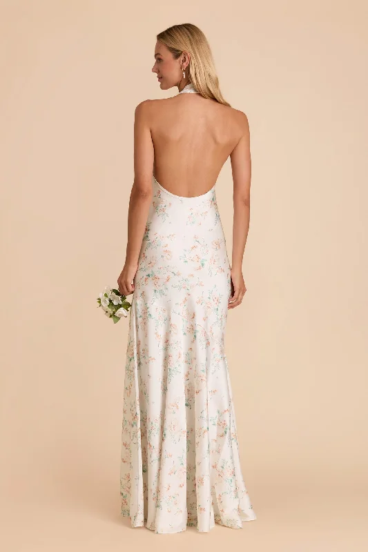 Stephanie Matte Satin Dress - Apricot Whimsical Blooms