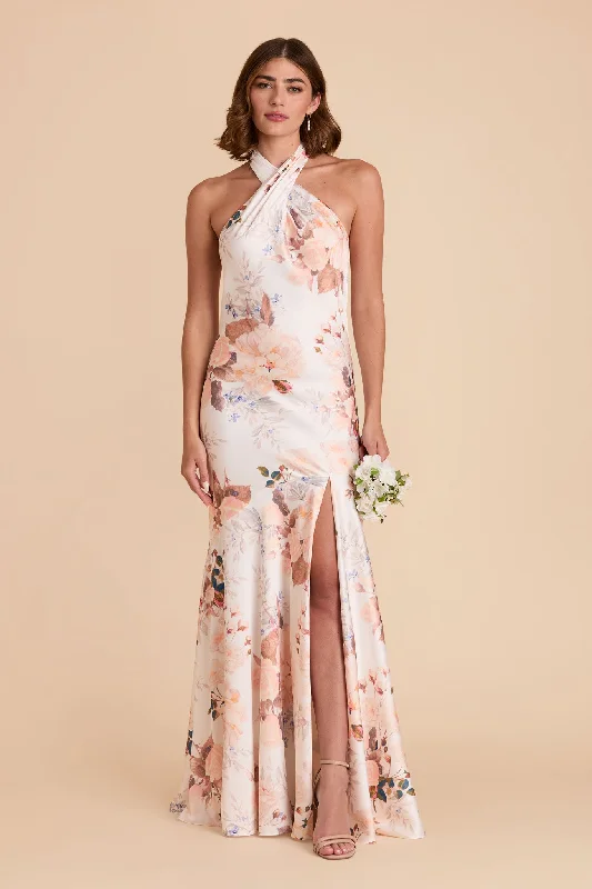 Stephanie Matte Satin Dress - Champagne Cascadia Bouquet