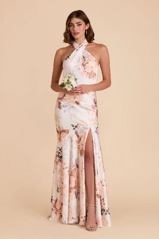 Stephanie Matte Satin Dress - Champagne Cascadia Bouquet