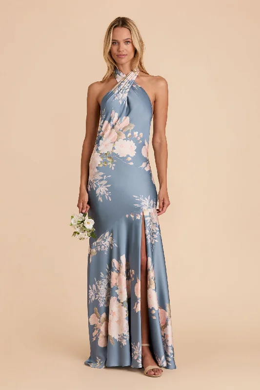 Stephanie Matte Satin Dress - Dusty Blue Romantic Bouquet