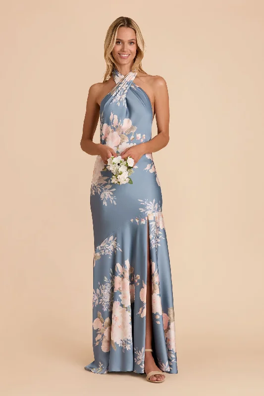 Stephanie Matte Satin Dress - Dusty Blue Romantic Bouquet