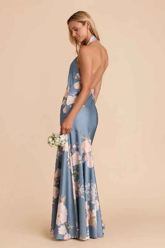 Stephanie Matte Satin Dress - Dusty Blue Romantic Bouquet