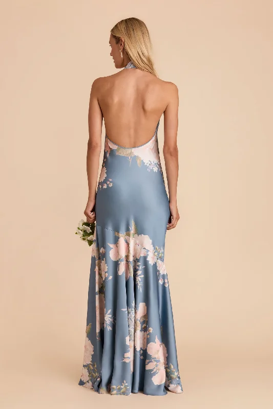 Stephanie Matte Satin Dress - Dusty Blue Romantic Bouquet