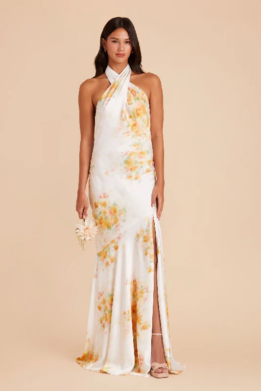 Stephanie Matte Satin Dress - White Blurred Floral