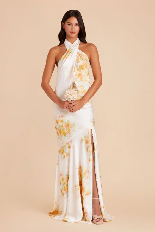 Stephanie Matte Satin Dress - White Blurred Floral