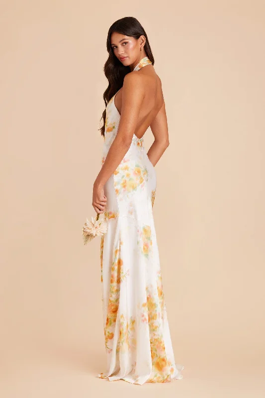 Stephanie Matte Satin Dress - White Blurred Floral