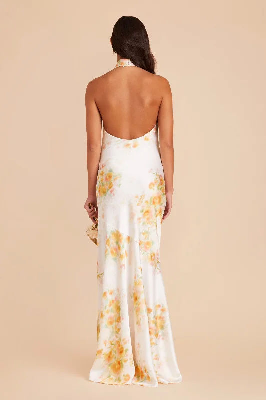 Stephanie Matte Satin Dress - White Blurred Floral