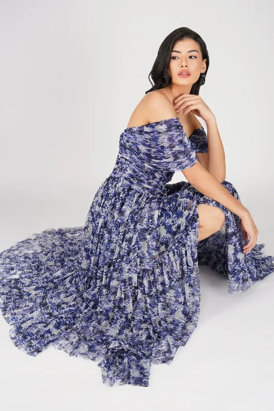 Sydney Tulle Maxi Dress in Blue Leaf Print