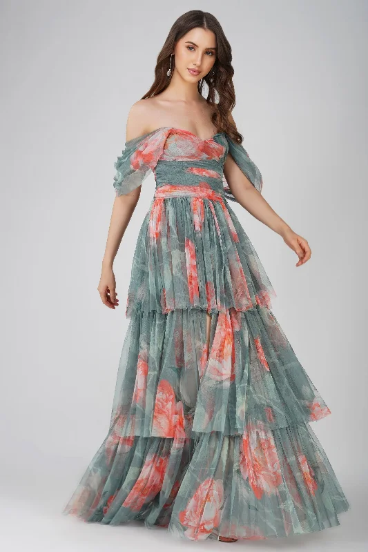 Sydney Tulle Maxi Dress in Sage Green Floral