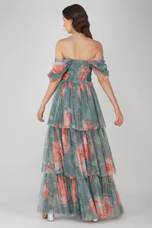 Sydney Tulle Maxi Dress in Sage Green Floral