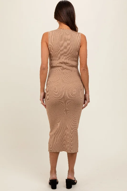 Taupe V-Neck Knit Maternity Midi Dress