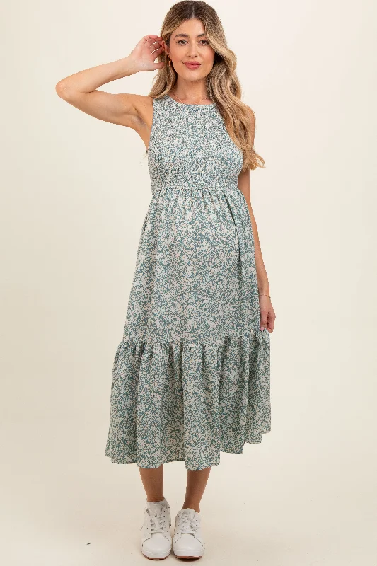 Teal Floral Smocked Ruffle Hem Sleeveless Maternity Midi Dress