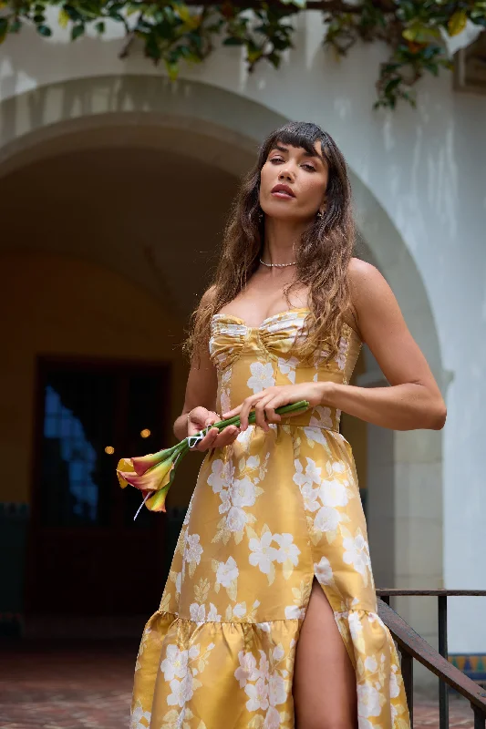 The Lucetta Dress in Gold Baroque Floral