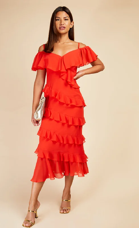 Tomato Red Frill Cold Shoulder Midaxi Dress