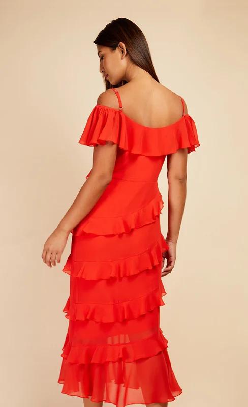 Tomato Red Frill Cold Shoulder Midaxi Dress