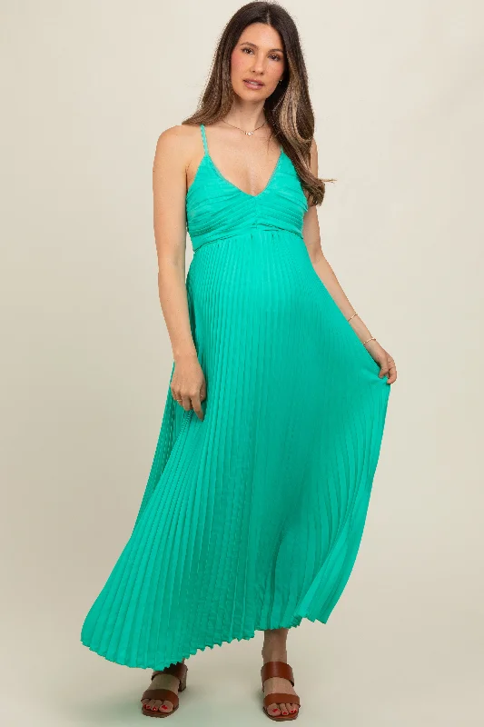 Turquoise Pleated Back Cutout Tie Maternity Maxi Dress