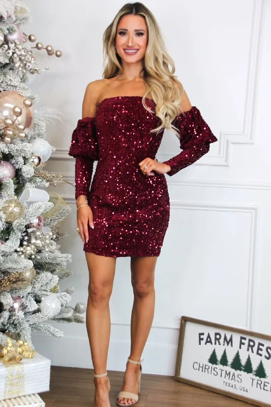 Veronica Off Shoulder Sequin Dress: Wine